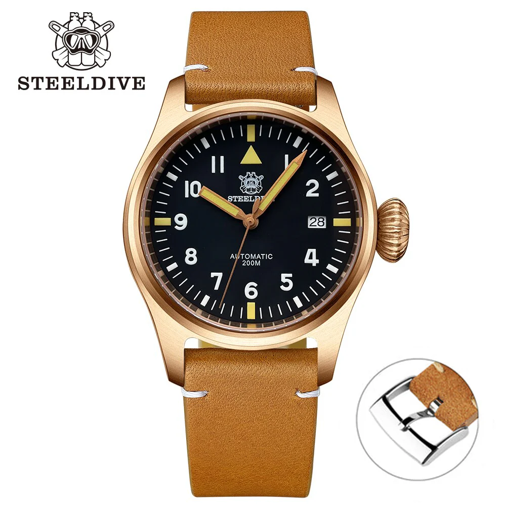 Steeldive SD1928S Bronze Pilot Watch - Onion Crown - Image 13